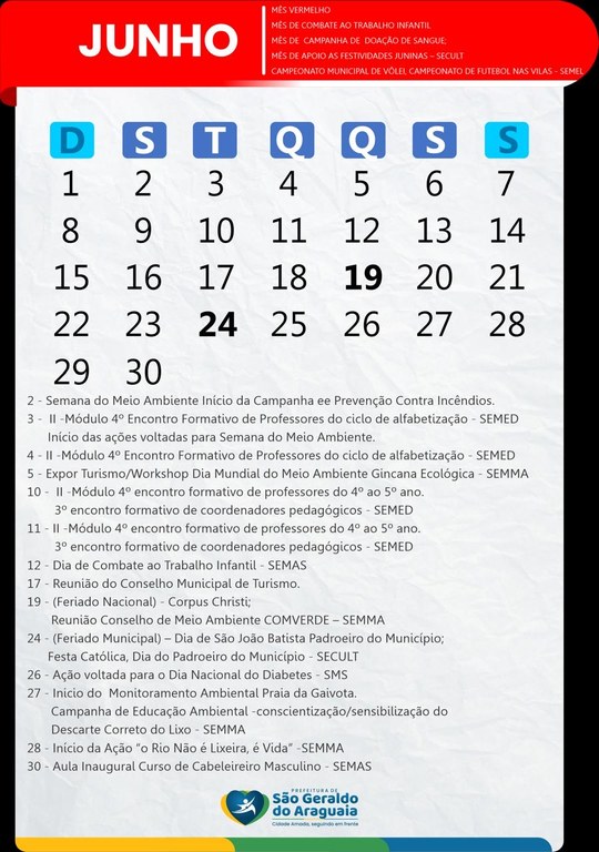 Calendário Municipal de Junho